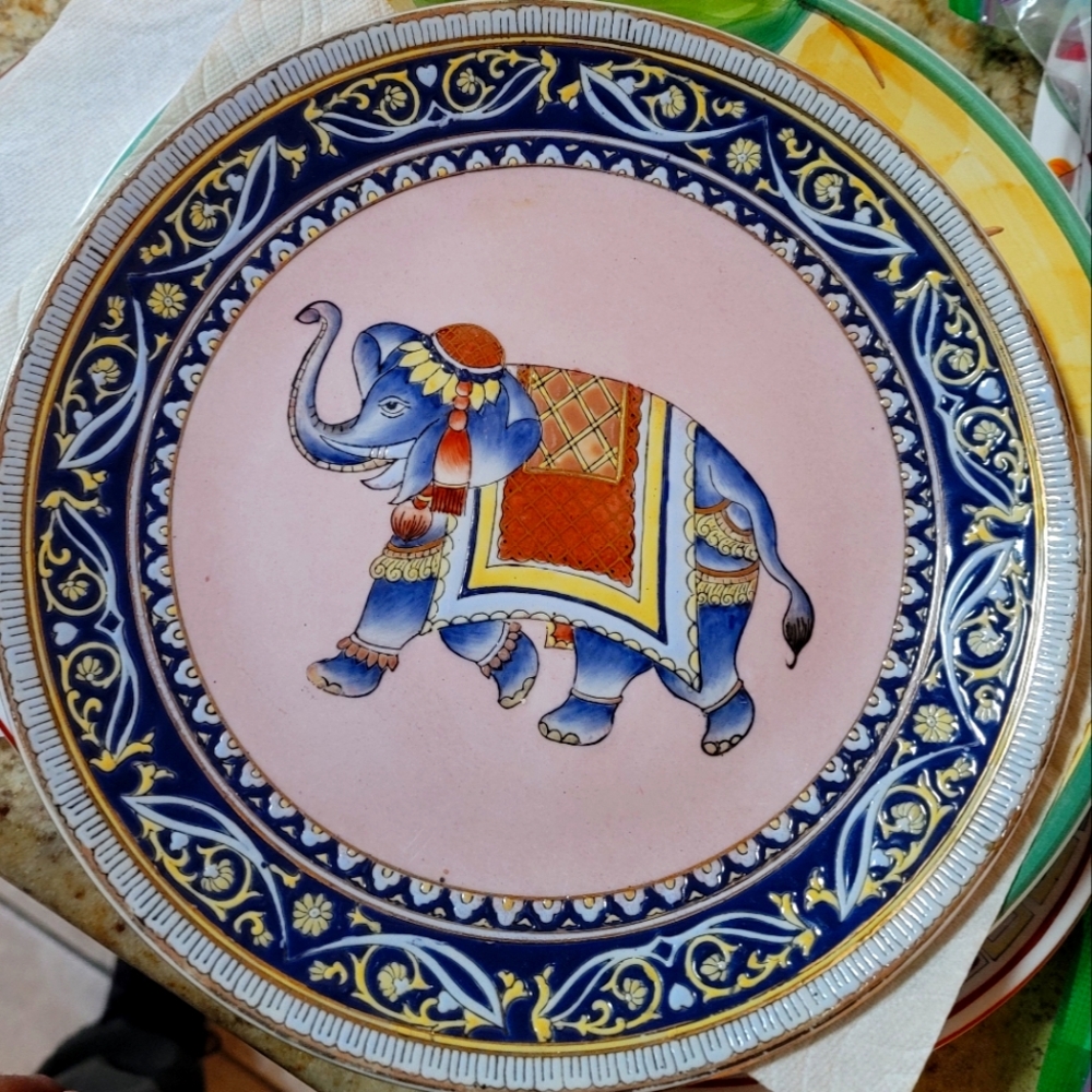 Decorative Elephant Plate with Blue and Gold Accents